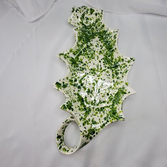 VTG Ceramic Holly Leaf-Shaped serving Tray Green White Splatter 1970's MCM - Picture 3 of 12